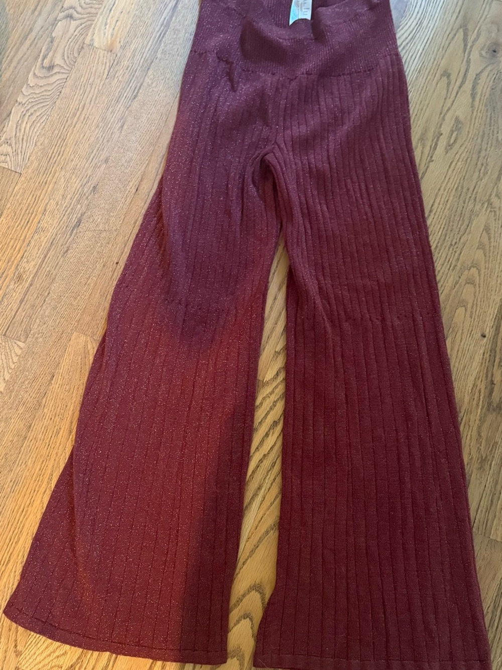 Free People Ribbed Sparkle Wide-Leg Pants - Burgundy Wine